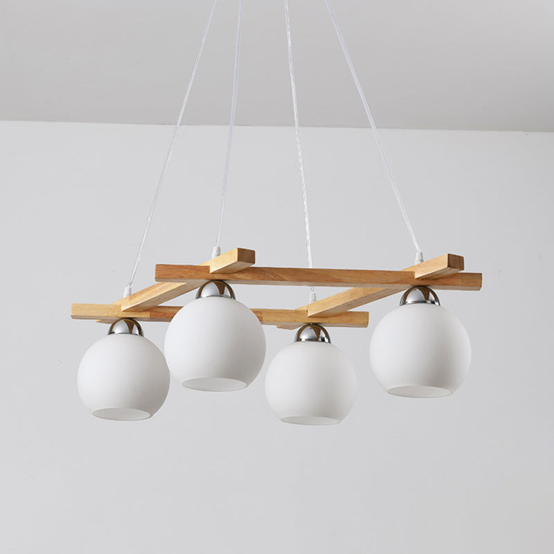 Japanese Style 4-Bulb Cream Glass Sphere Pendant Chandelier for Living Room in Wood