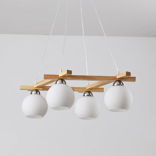 Japanese Wood Sphere Chandelier With Cream Glass & 4 Bulbs - Ideal For Living Rooms