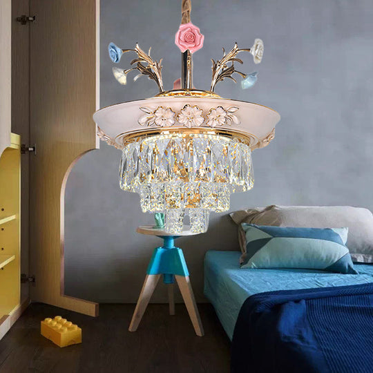 3-Tier Pendant Chandelier With Crystal White/Blue Led Lighting Metal Flowers 12/14 Wide