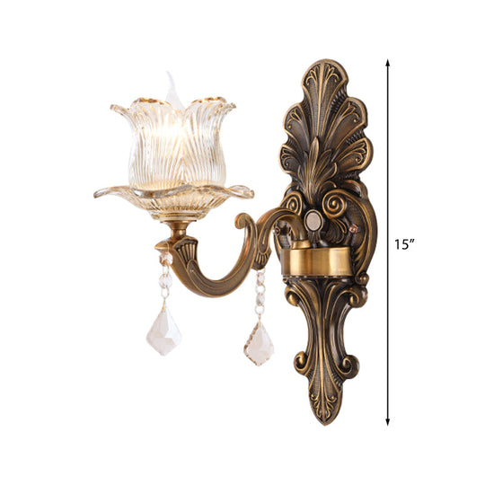 Vintage Brass Wall Sconce With Petal Textured Glass Shade For Living Rooms