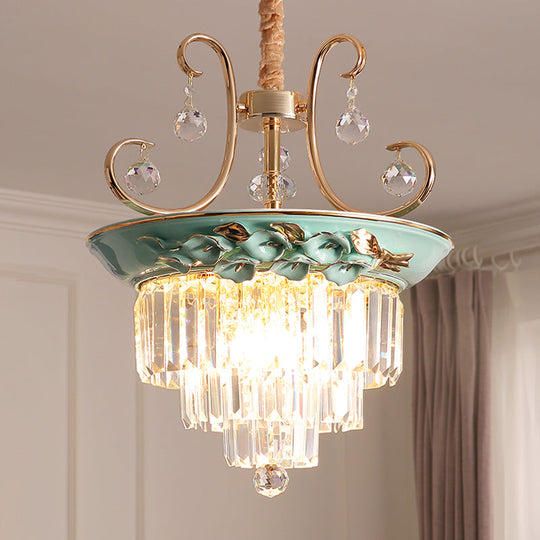 Retro Crystal Hanging Chandelier - Green Tiered Pendant Light For Living Room