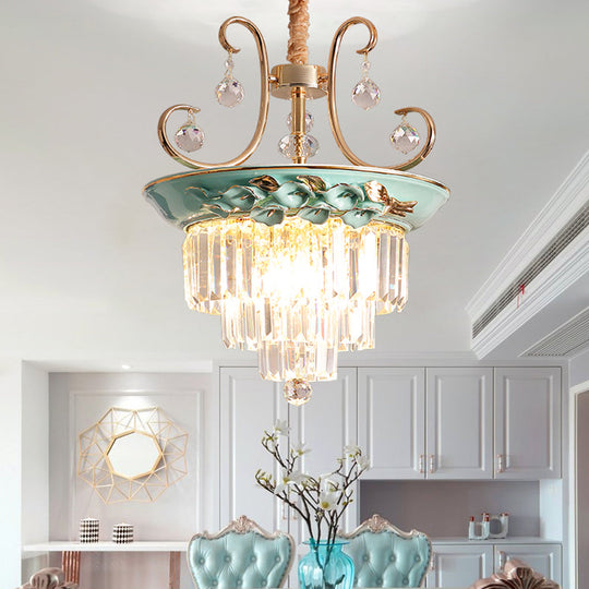 Retro Crystal Hanging Chandelier - Green Tiered Pendant Light For Living Room