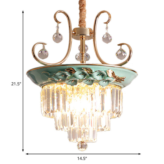 Retro Crystal Hanging Chandelier - Green Tiered Pendant Light For Living Room