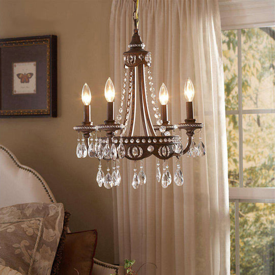 Rustic Metal Candle Chandelier With 4 Lights And Crystal Accents