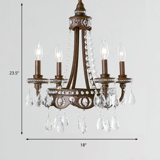 Lustre à bougie en métal nordique : luminaire suspendu rustique avec pendentif en cristal - 4 lumières