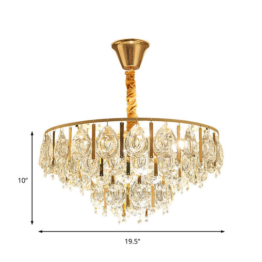 Contemporary Gold Chandelier: Round Teardrop Crystal Hanging Light Kit 3/4 Lights 16/19.5 Wide