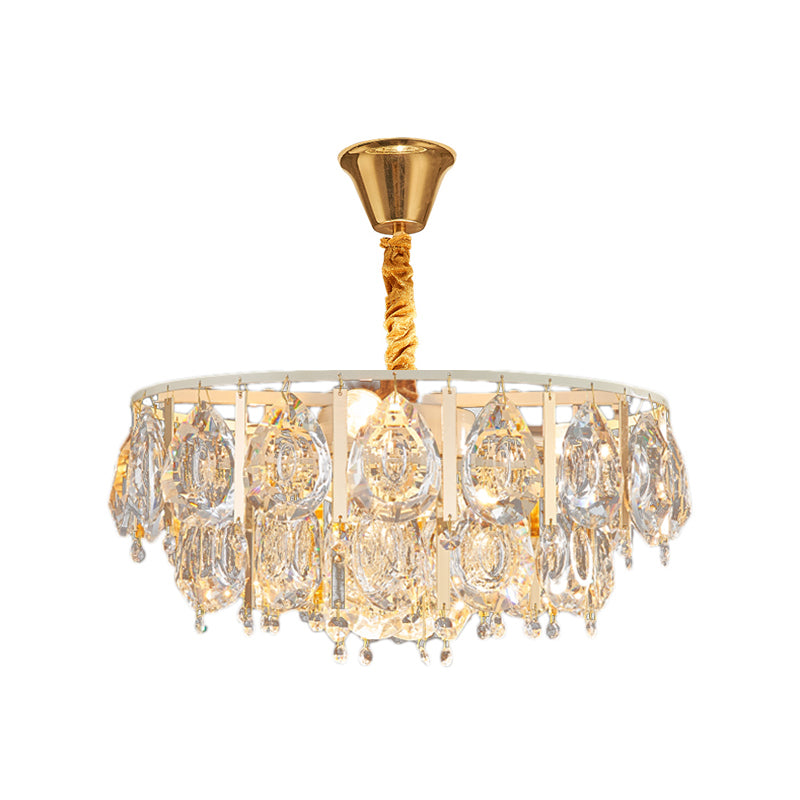 Contemporary Gold Chandelier: Round Teardrop Crystal Hanging Light Kit 3/4 Lights 16/19.5 Wide