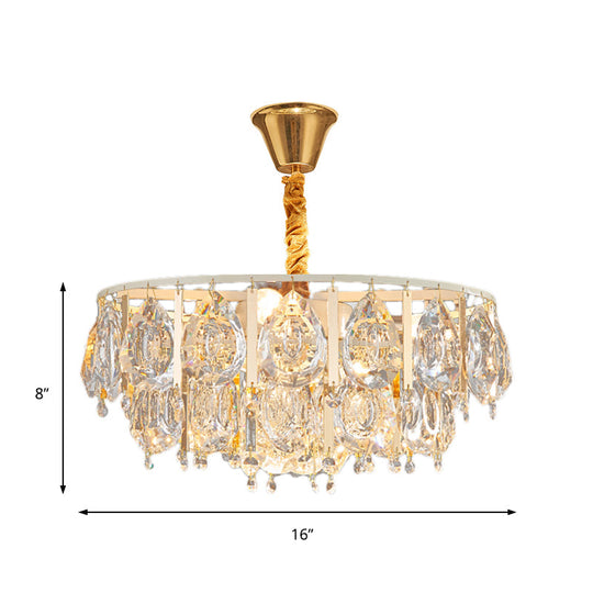 Contemporary Gold Chandelier: Round Teardrop Crystal Hanging Light Kit 3/4 Lights 16/19.5 Wide