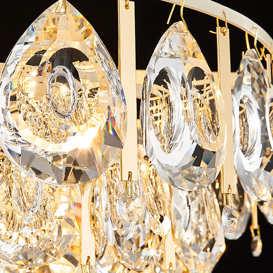 Contemporary Gold Chandelier: Round Teardrop Crystal Hanging Light Kit 3/4 Lights 16/19.5 Wide