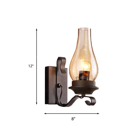 Vintage Style Matte Black Amber Glass Wall Sconce - Single Light Kerosene Living Room Lamp With