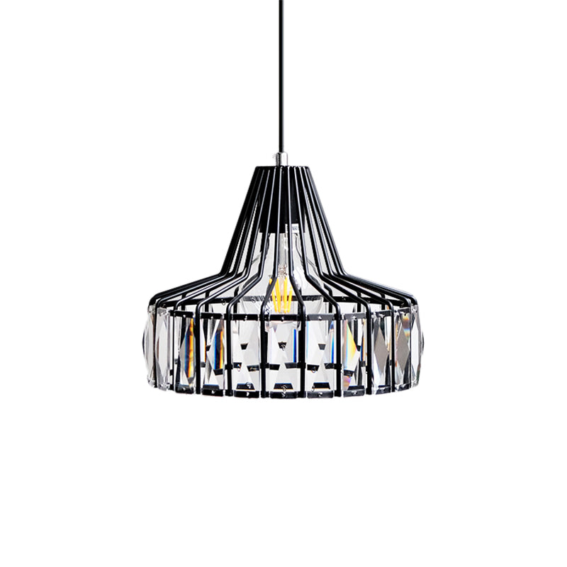 Industrial Black Barn Pendant Light Fixture With Crystal Block - 1-Light Hanging Kit 10/12.5 Wide