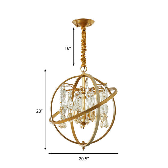 Lustre contemporain en forme d'orbe doré : suspension de plafond en métal à 5 ​​lumières avec accent en cristal