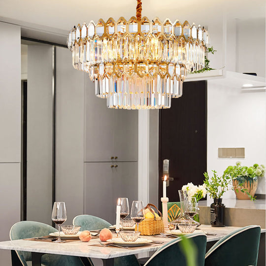 Modern Layered Chandelier with Clear Crystal Prism, 8-Light Gold Hanging Fixture