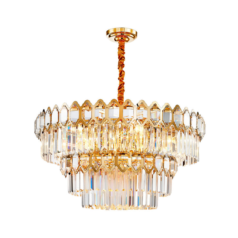 Modern Layered Chandelier with Clear Crystal Prism, 8-Light Gold Hanging Fixture