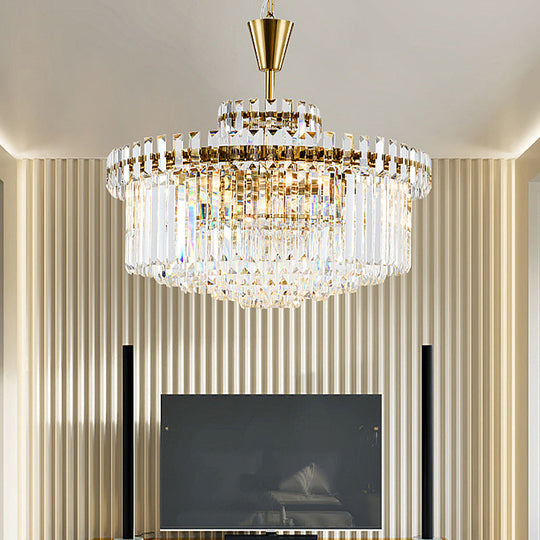 Modern Crystal Drum Ceiling Light: 9-Light Brass Chandelier 25.5/31.5 Wide