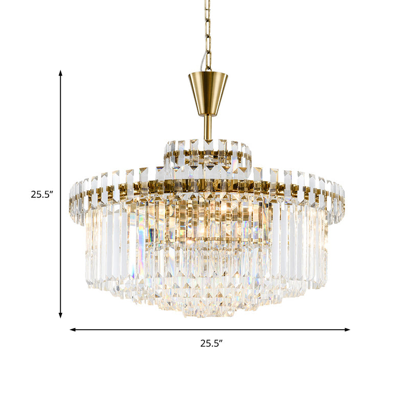 Lustre en cristal moderne à tambour, 9 lumières, 25,5"/31,5" de large, finition laiton