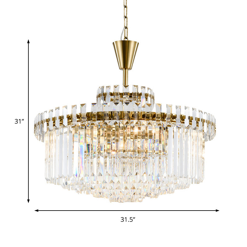 Lustre en cristal moderne à tambour, 9 lumières, 25,5"/31,5" de large, finition laiton