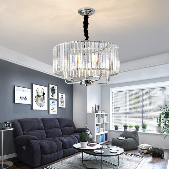 Modern Tri-Sided Glass Rod Drum Ceiling Light With Chrome Finish - 4 Lights 19.5/23.5 Wide / 19.5