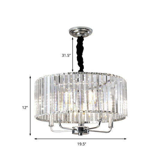 Modern Tri-Sided Glass Rod Drum Ceiling Light With Chrome Finish - 4 Lights 19.5/23.5 Wide