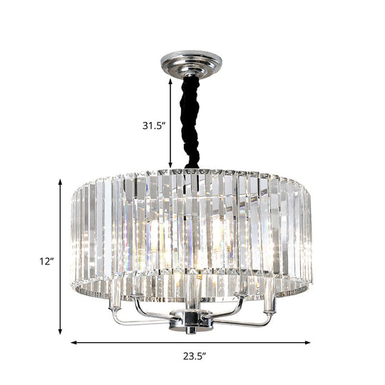 Modern Tri-Sided Glass Rod Drum Ceiling Light With Chrome Finish - 4 Lights 19.5/23.5 Wide