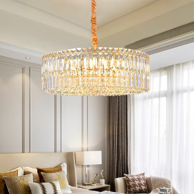 Contemporary Gold Drum Chandelier Light 6/8 Lights Rectangular-Cut Crystal 19.5/23.5 Wide