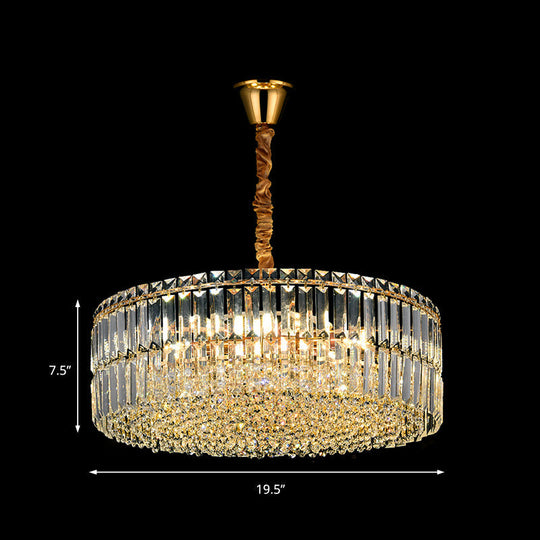 Lustre tambour contemporain en or | 6/8 lumières | Cristal à coupe rectangulaire | Plafonnier suspendu, 19,5"/23,5" de large