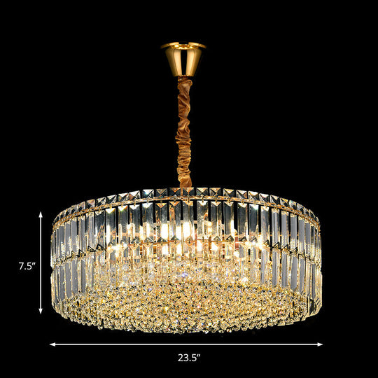 Lustre tambour contemporain en or | 6/8 lumières | Cristal à coupe rectangulaire | Plafonnier suspendu, 19,5"/23,5" de large