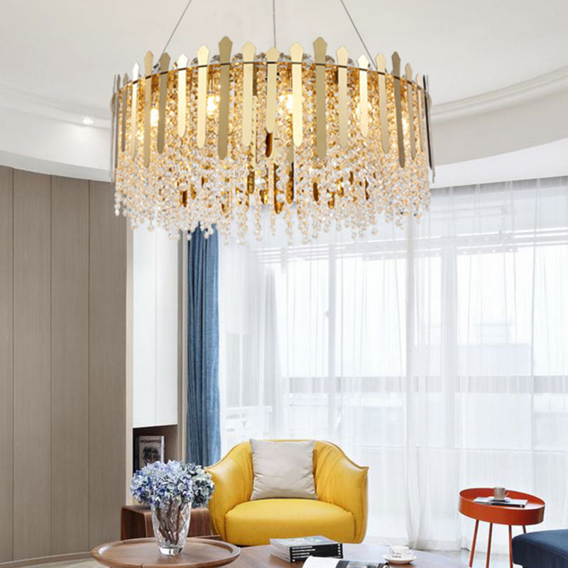 Brass Chandelier With Drum Crystal Shade & 6 Hanging Lights For Living Room