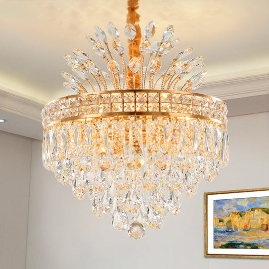 Modern Gold Tapered Chandelier With Faceted Crystal 9 Lights - Bedroom Hanging Light Fixture