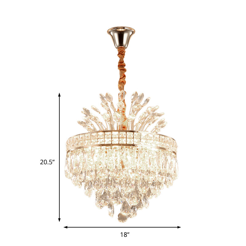 Lustre conique avec cristal à facettes moderne, 9 lumières, finition dorée – Idéal pour suspendre dans une chambre