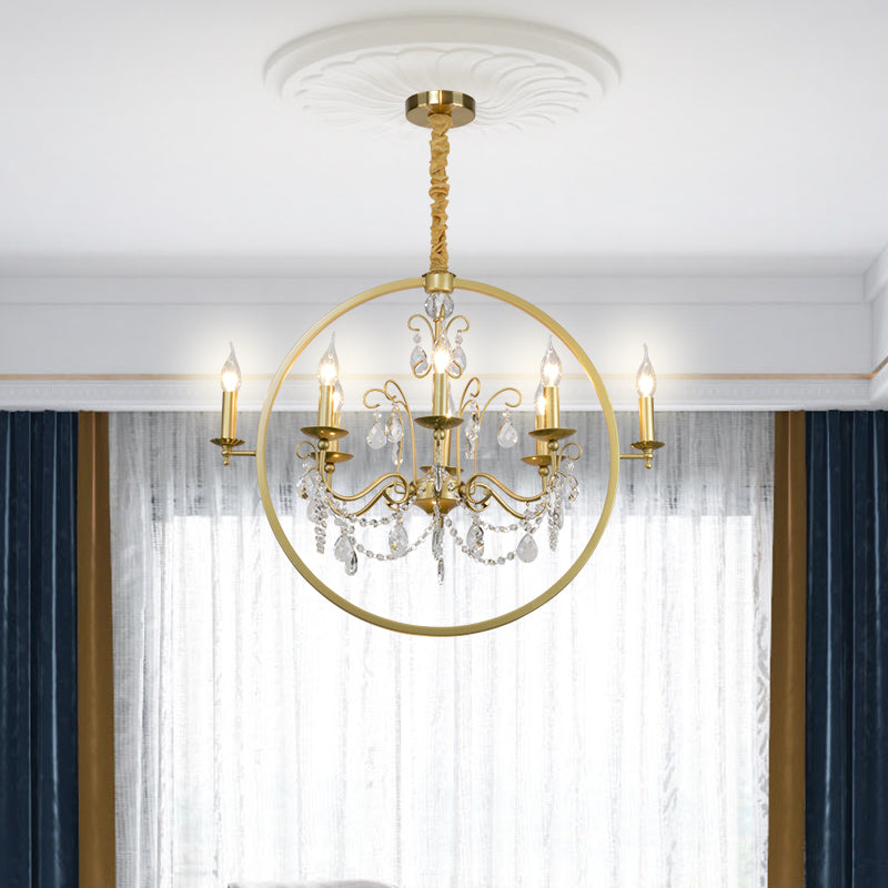 Modern Metal Candelabra Chandelier With Crystal Drop: 6/8-Light Brass Ceiling Light