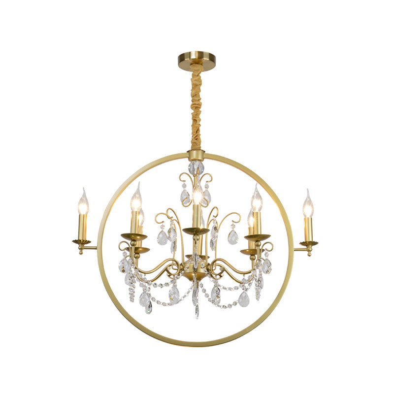 Modern Metal Candelabra Chandelier With Crystal Drop: 6/8-Light Brass Ceiling Light