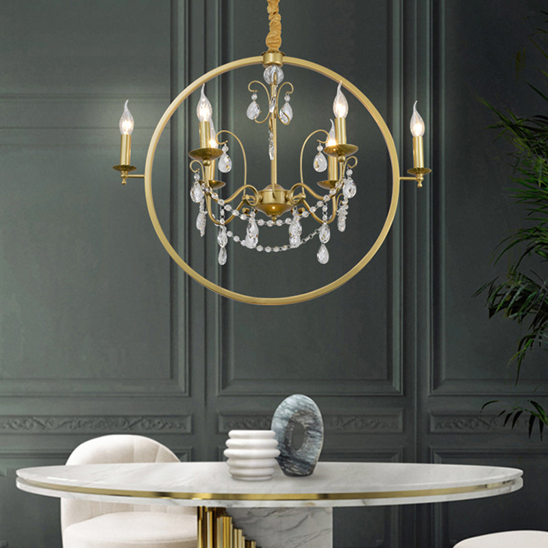 Modern Metal Candelabra Chandelier With Crystal Drop: 6/8-Light Brass Ceiling Light