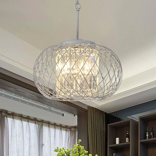 Dome Cage Crystal Block Chandelier: Modern Chrome Dining Room Lighting with 3 Lights