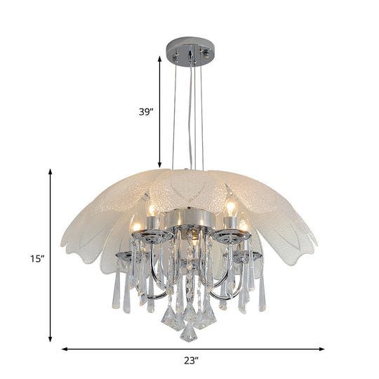 Contemporary Flower Chandelier With Textured Glass Shade And Crystal Drop - Chrome Ceiling Lamp (5