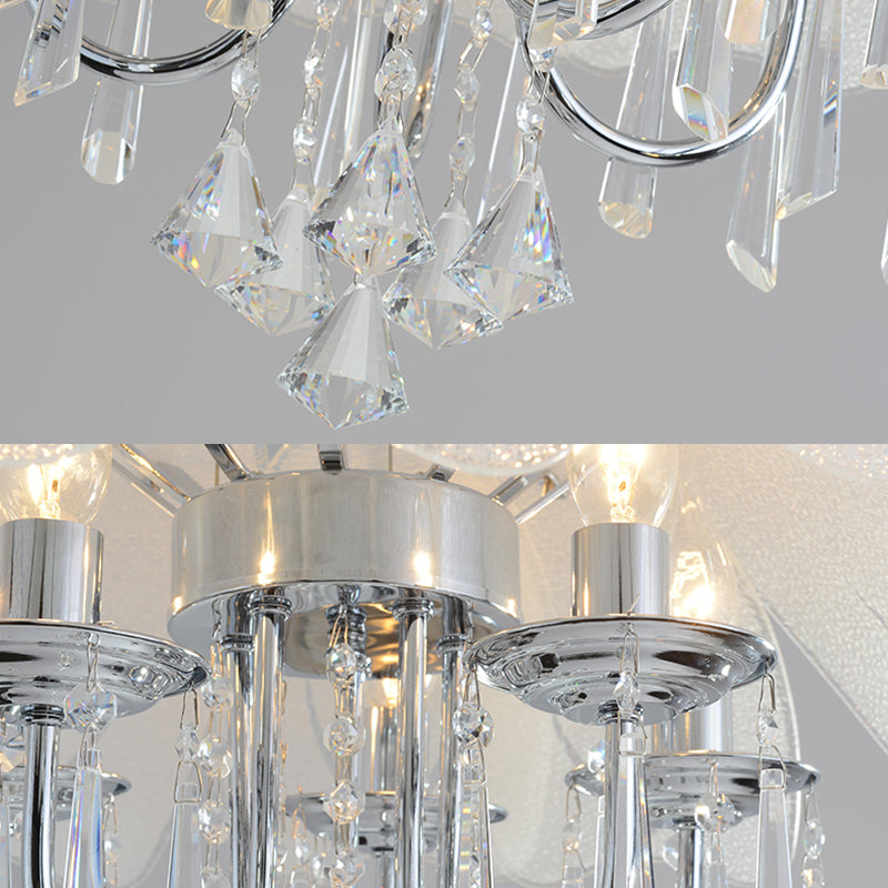 Contemporary Flower Chandelier With Textured Glass Shade And Crystal Drop - Chrome Ceiling Lamp (5