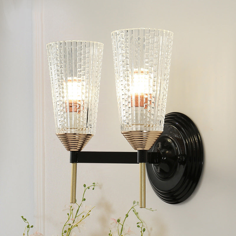 Traditional Conical Glass Wall Sconce - Black 1/2-Light Mounted Light For Foyer