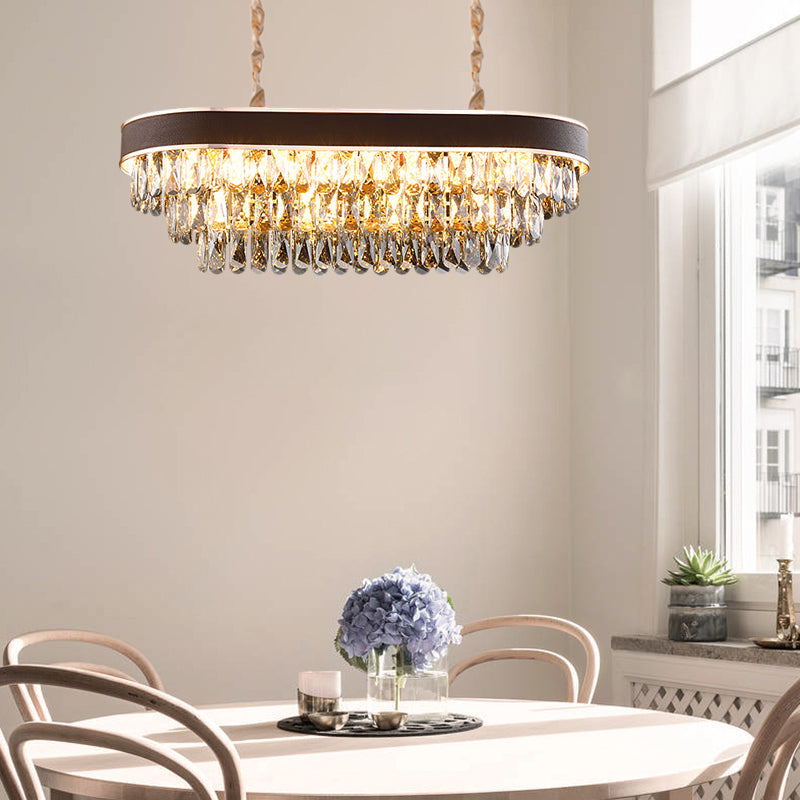 Contemporary Crystal Block Hanging Light Fixture - Oval Island Lamp With 12 Lights In Black-Gold