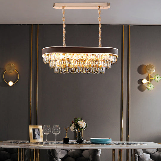 Contemporary Crystal Block Hanging Light Fixture - Oval Island Lamp With 12 Lights In Black-Gold