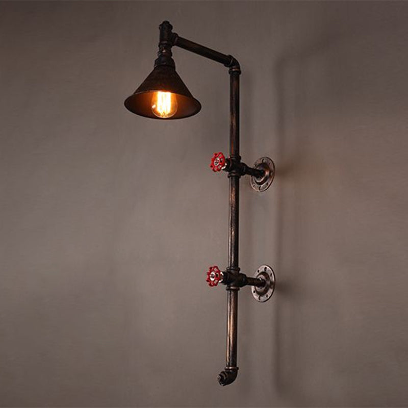 Industrial Funnel Iron Wall Light With Decorative Water Valve - Rustic Single Mount Fixture