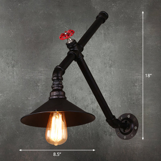 Rustic Iron Cone Wall Lamp - Water Valve Restaurant Light With 1 Bulb In Black