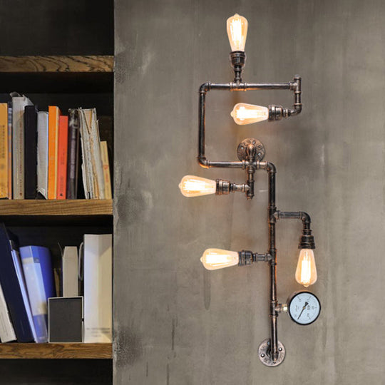 Rustic 5-Bulb Water Pipe Iron Wall Lamp With Pressure Gauge - Perfect For Restaurants