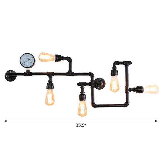 Rustic 5-Bulb Water Pipe Iron Wall Lamp With Pressure Gauge - Perfect For Restaurants Black