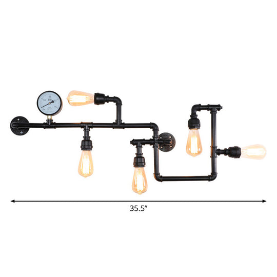 Rustic 5-Bulb Water Pipe Iron Wall Lamp With Pressure Gauge - Perfect For Restaurants Rust