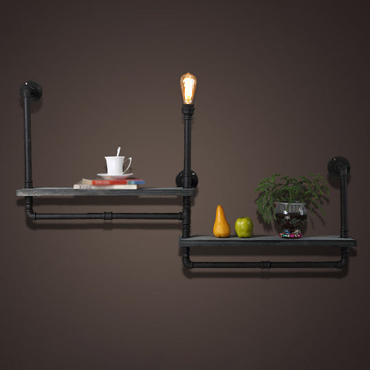 Rustic Iron Wall Lamp With Water Pipe Shelf For Restaurants - Black Finish / Medium