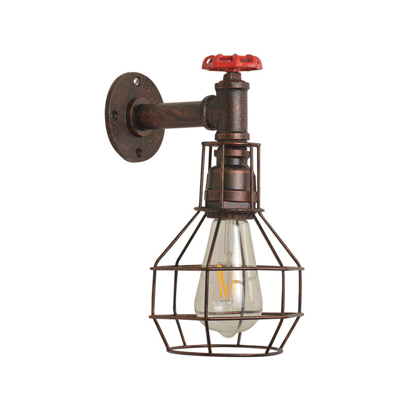 Retro Grenade Cage Wall Light With Water Valve - Rustic Metallic Restaurant Fixture Rust