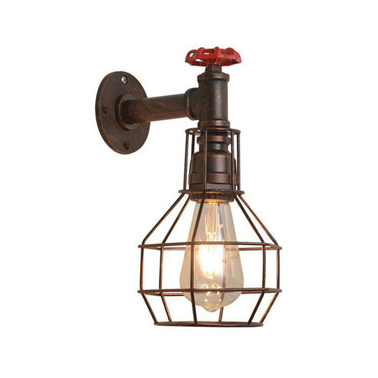 Retro Grenade Cage Wall Light With Water Valve - Rustic Metallic Restaurant Fixture