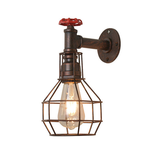 Retro Grenade Cage Wall Light With Water Valve - Rustic Metallic Restaurant Fixture