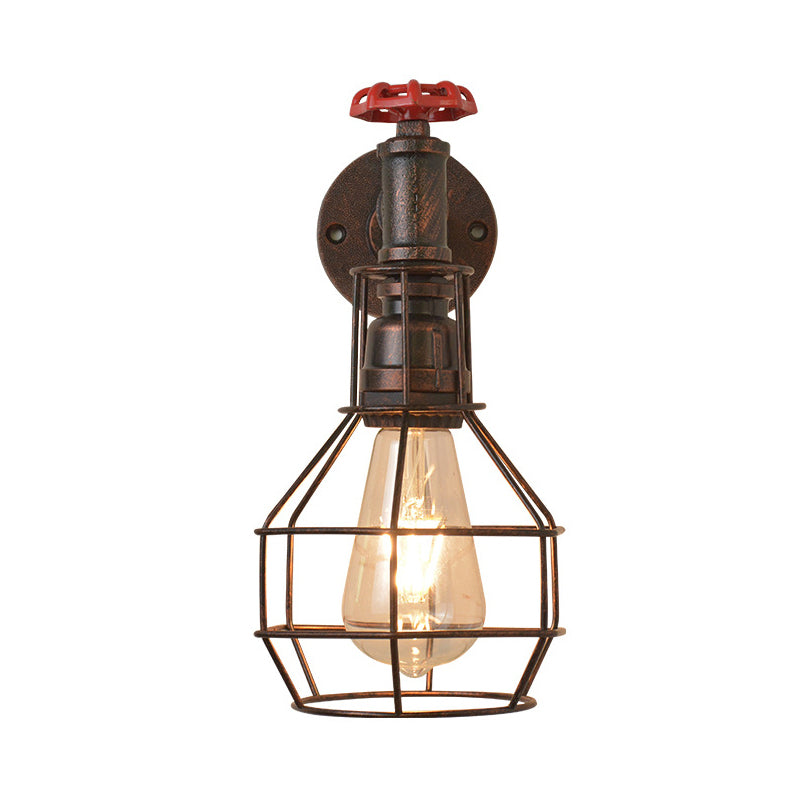 Retro Grenade Cage Wall Light With Water Valve - Rustic Metallic Restaurant Fixture