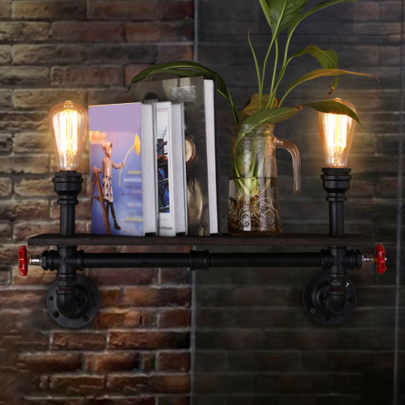 Retro Water Pipe Wall Light With 2 Heads And Iron Shelf Black Finish - Ideal For Living Rooms